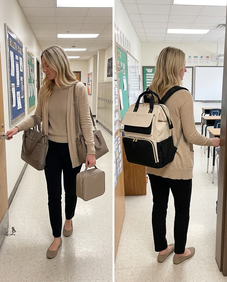 The same woman arriving at work with three separate bags, then wearing one Classic Packuum backpack